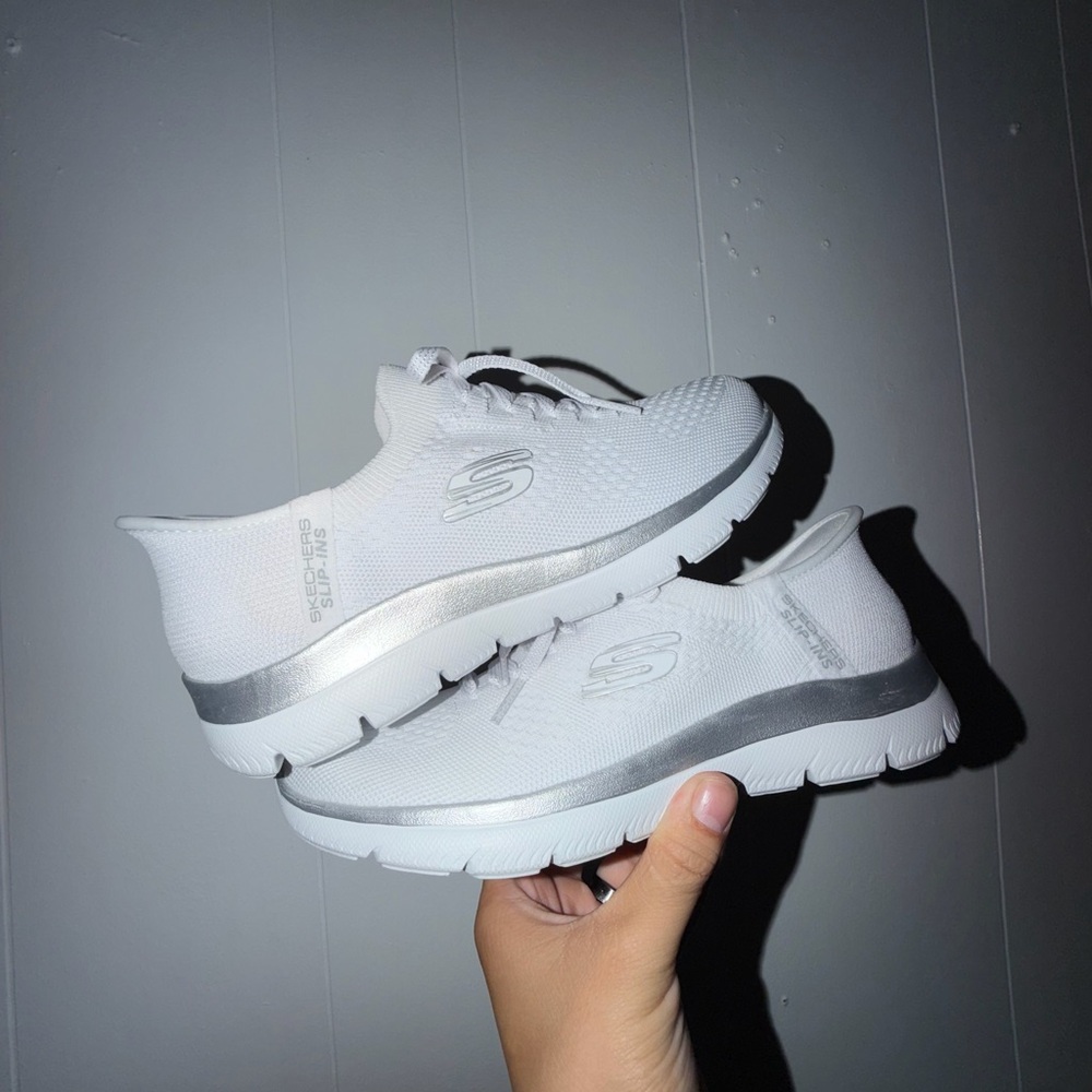 Women Skechers White and Silver Slip-On Trainer - Picture 8 of 8
